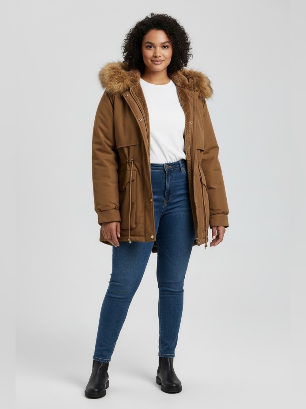 Women’s Tan Utility Parka with Faux-Fur Hood